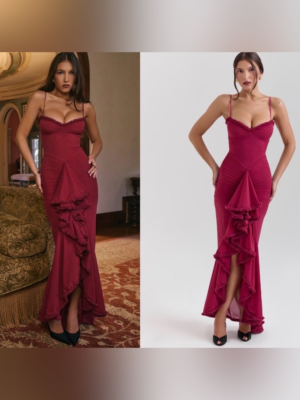 House of CB “Gabbi” Burgundy High-Low Mermaid Ruffle Trim Dress